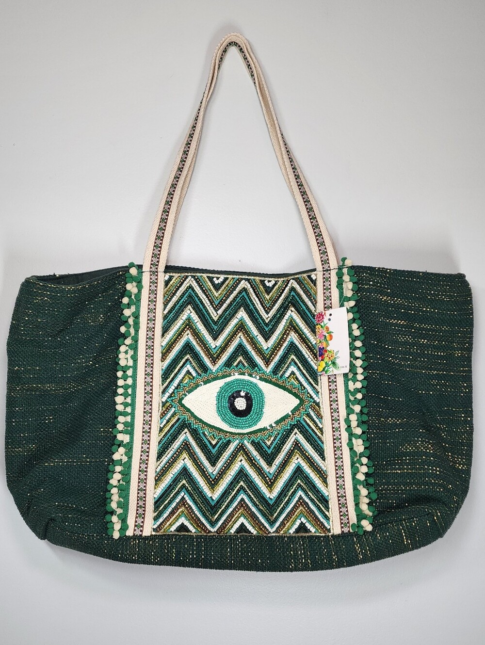 America & Beyond Evergreen Hand Beaded Evil Eye Tote Bag Boho Green
